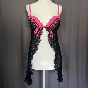 Babydoll Tie Top - Black Lace and hot pink